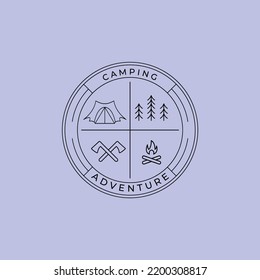 outdoor adventure tent sleeping bag pine tree forest campfire line art logo vector illustration design