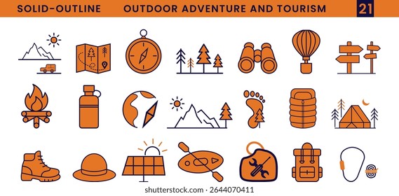 Outdoor Adventure and Tourism Vector Icon Set. Hiking, Camping, Travel Gear, Nature Elements in Solid Outline Style