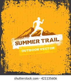 Outdoor Adventure Trail Creative Vector Design Concept. Run Bike Summer Extreme Activity Event Sign On Grunge Background