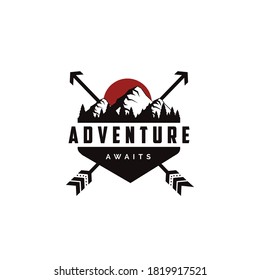 Outdoor adventure travel badge logo with sun, mountain and pine trees vector illustrations template