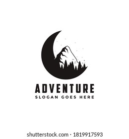 Outdoor adventure travel badge logo with crescent, mountain and pine trees vector illustrations template