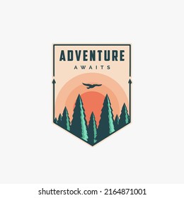 Outdoor adventure travel badge patch logo with pine forest on white background