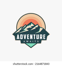 Outdoor adventure travel badge patch logo with mountain landscape on white background