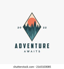 Outdoor adventure travel badge patch logo with pine forest on white background