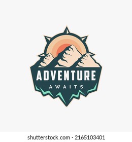 Outdoor adventure travel badge patch logo with compass and mountain landscape on white background