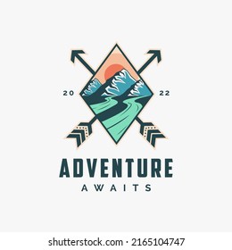 Outdoor adventure travel badge patch logo with river and mountain landscape on white background