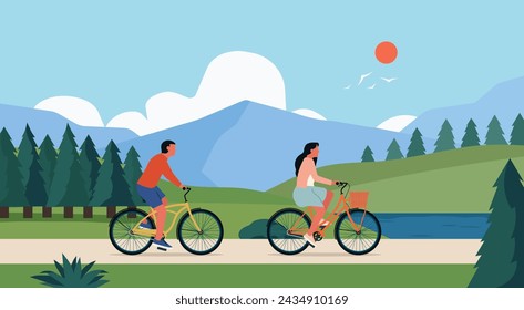 Outdoor Adventure Travel Concept, Man and Woman Riding Bikes through Beautiful Landscape View, Flat Vector Illustration Design