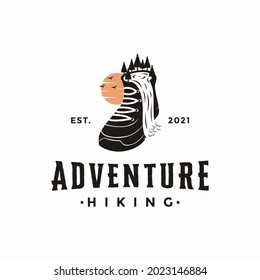 Outdoor adventure travel hiking logo with hiking boot, sun waterfall and forest landscape vector illustrations template