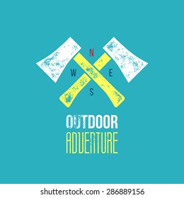 Outdoor adventure t-shirt logo design - vector illustration - crossed axes on light blue background with outdoor adventure sign and era