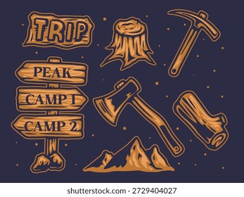 Outdoor Adventure vector design hand drawn on isolated background. Hiking vector illustration. Mountain activity vector theme illustration.