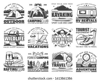 Outdoor adventure vector icons of travel, camping and rafting with sport equipment. Trekking boots, hiking backpack and mountain camp tent, campfire, compass and axes, skis, kayak, trailer