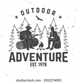 Outdoor adventure. Vector illustration. Concept for shirt or logo, print, stamp or tee. Vintage typography design with camper tent, pot on the fire, axe and mountain silhouette.