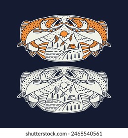 Outdoor adventure vector print design. Mountain adventure artwork. Wild national park illustration. Fishing design.