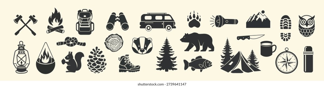 Outdoor adventure vector set with camping gear, wildlife, mountains, and trees. Nature and travel icons for badges, t shirt designs, hiking posters and outdoor branding.