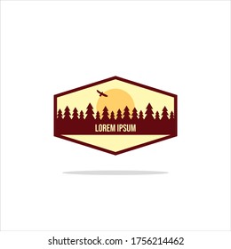Outdoor Adventure vintage label, badge, logo or emblem. with mountains and forest silhouette. Vector illustration.