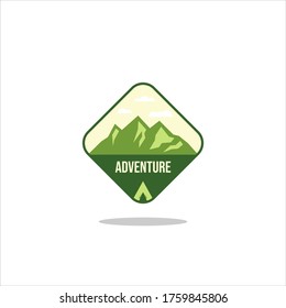 Outdoor Adventure vintage label, badge, logo or emblem. with mountains and forest silhouette. Vector illustration.
