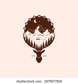 Outdoor Adventure Vintage Logo Vector Illustration Design. Deer Antler Illustration Logo Concept. Mountain Landscape Illustration Design. Hand Drawn Outdoor Illustration Template Design.