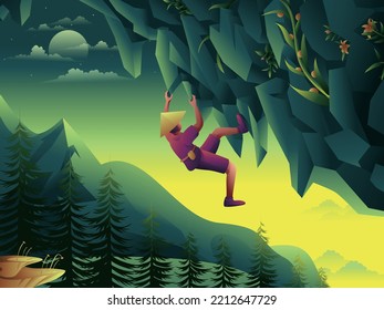 An outdoor adventurer is free climbing a very steep mountain. He was under pressure and wanted to achieve his big dreams. A vector landscape landscape illustration.