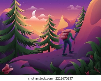 An outdoor adventurer with his backpack and trekking poles climbs a very steep mountain. There is a butterfly watching him achieve his goal. A beautiful vector landscape landscape illustration.