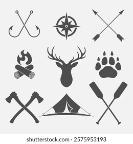 Outdoor adventures graphic icon set.  Signs isolated on white background. Explore and discovery symbols. Vector illustration