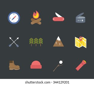 outdoor adventures icons (camping and hiking equipment elements). vector illustration