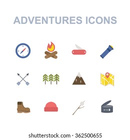 outdoor adventures icons (camping and hiking equipment elements). vector illustration