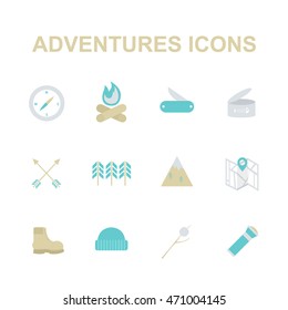 outdoor adventures icons (camping and hiking equipment elements). vector illustration