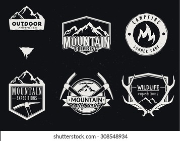 outdoor adventures icons, wildlife badges, mountain exploration labels in vintage style. Deer antlers, mountains, ice-axes, campfire.