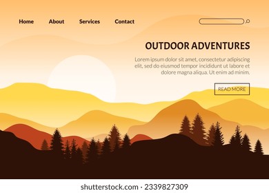 Outdoor adventures landing page template. Explore mountains homepage, website design. Beautiful scene of nature at sunset vector