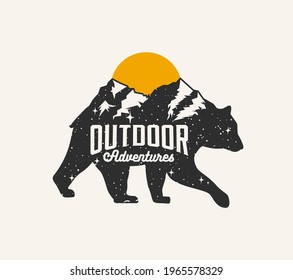 Outdoor adventures. Mountains touristic logo or badge or label or emblem design template with bear silhouette with mountains landscape on the back. Isolated on white background. Vector illustration
