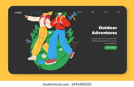 Outdoor Adventures web banner featuring two hikers exploring nature, surrounded by iconic wildlife and fauna. Vector illustration.