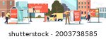 Outdoor advertisement installation: street advertising agency service worker installing posters for urban marketing on billboards, signboards and bus station. Cartoon flat vector illustration