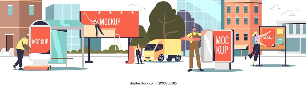 Outdoor advertisement installation: street advertising agency service worker installing posters for urban marketing on billboards, signboards and bus station. Cartoon flat vector illustration - Shutterstock ID 2003738585
