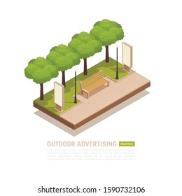 Outdoor Advertisement Isometric Background With Round Composition Of Park Bench And Advertising Panels With Editable Text Vector Illustration