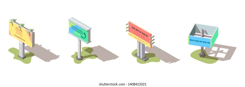 Outdoor advertisement two, four side billboards with ad sample text on colorful background, grass under footing and shadow isometric vector icons set isolated on white background. Street banner panels