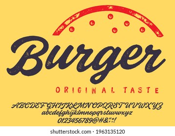 Outdoor advertising of American restaurants and eateries inspired typeface. Textured unique brush script style alphabet. 