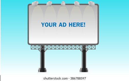 Outdoor advertising billboard with downlights. Blank mockup for design. Vector white object