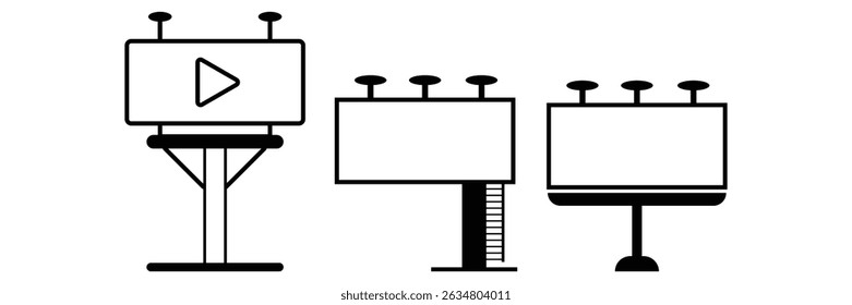 Outdoor advertising board icon set with minimal highway billboard stand silhouette vector illustration for promotional marketing and media design.