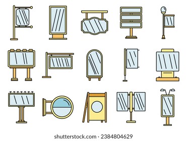 Outdoor advertising building icons set. Outline set of outdoor advertising building vector icons thin line color flat on white