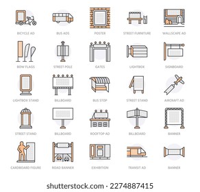 Iconos de línea plana de publicidad al aire libre, comerciales y de marketing. Carteles, carteles de calle, anuncios de tránsito, afiches, rayos y otros elementos de diseño de promoción. Color naranja. Stroke Editable