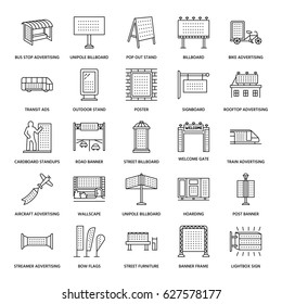 Outdoor advertising, commercial and marketing flat line icons. Billboard, street signboard, transit ads, posters banner and other promotion design element. Trade objects thin linear sign. Black color.