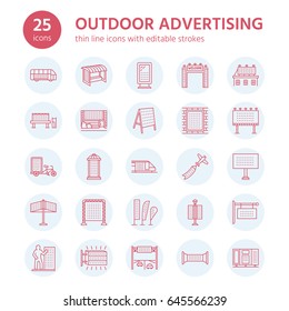Outdoor advertising, commercial and marketing flat line icons. Billboard, street signboard, transit ads, posters banner and other promotion design element. Trade objects thin linear sign.