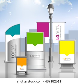 Outdoor advertising design for corporate identity with color shapes. Stationery set