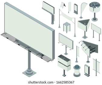 Outdoor advertising icons set. Isometric set of outdoor advertising vector icons for web design isolated on white background