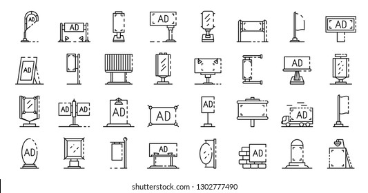 Outdoor advertising icons set. Outline set of outdoor advertising vector icons for web design isolated on white background