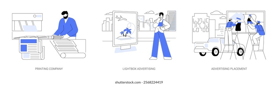 Outdoor advertising isolated cartoon vector illustrations set. Printing company, typography prepares a printed add, lightbox commercial, worker hanging billboard, product promotion vector cartoon.