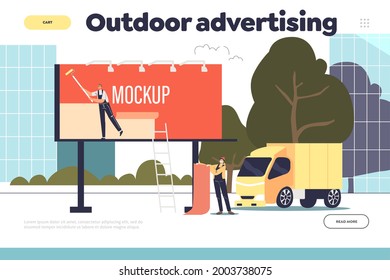 Outdoor Advertising Landing Page With Workers Install New Poster Mockup For Advertisement On Billboard. Professional Marketing Advert Team Installation Of Promotion. Cartoon Flat Vector Illustration