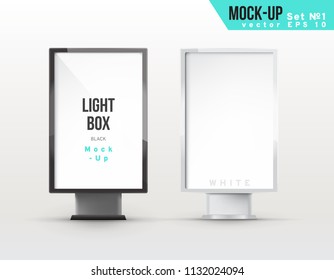 Outdoor Advertising Light Box Mock Up. 3D Vector Illustration. Set Of Black And White.