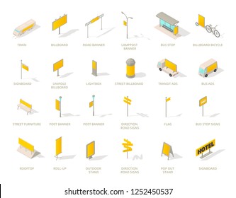 Outdoor advertising media set. Isometric icons.