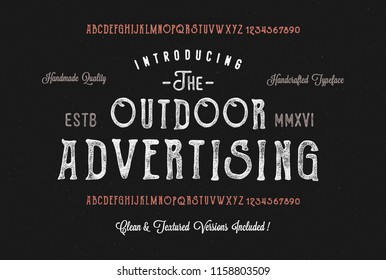 The Outdoor Advertising. Original handmade alphabet. Vintage font design and poster. Custom typeface. Clean and Textured Versions Included. Vector.